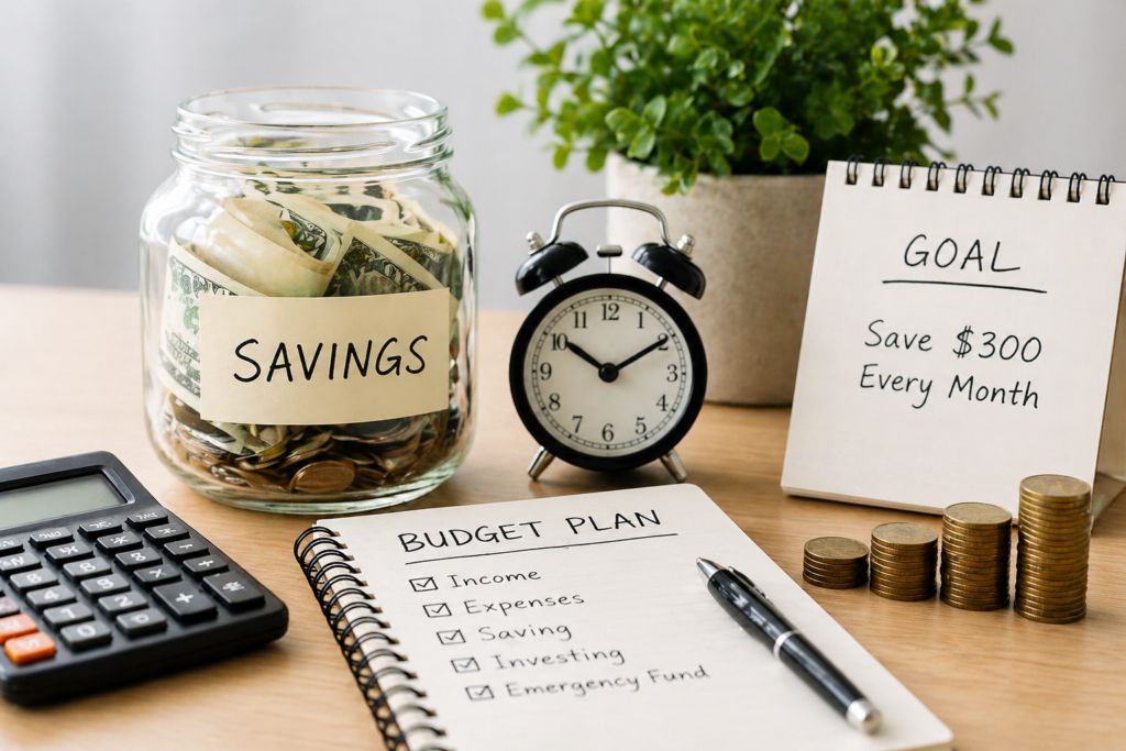 Savings jar with budget notebook and calculator