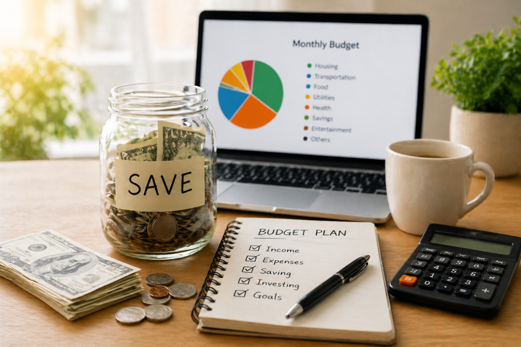 Savings jar beside laptop budget chart